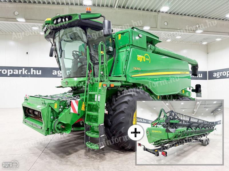 John Deere T670i (665/1181 üzemóra) 6 ládás, 9,15 m 630X Vario vágóasztal, szállítókocsi, repcekaszák, full AutoTrac, doblassító, kukorica készlet, ProDrive, 900/60R32
