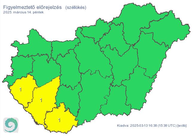 A várt legerősebb széllökések meghaladhatják a 70 km/h-t.