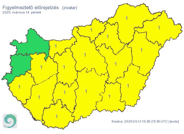 Figyelem! Zivatar alakulhat ki. Elsődleges veszélyforrást a villámlás jelent, emellett esetenként szélerősödés, jégeső előfordulhat!