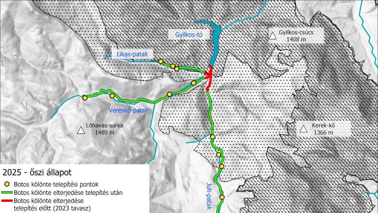 A térkép a Békás-szoros-Nagyhagymás Nemzeti Park területén a botos kölönte telepítési pontjait és elterjedését mutatja be, folyókat és tavakat ábrázolva.