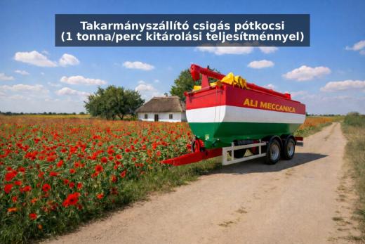 Takarmányszállító csigás pótkocsi (1 tonna/perc kitárolási teljesítménnyel) tápszállító, terményszállító - PÁLYÁZHATÓ