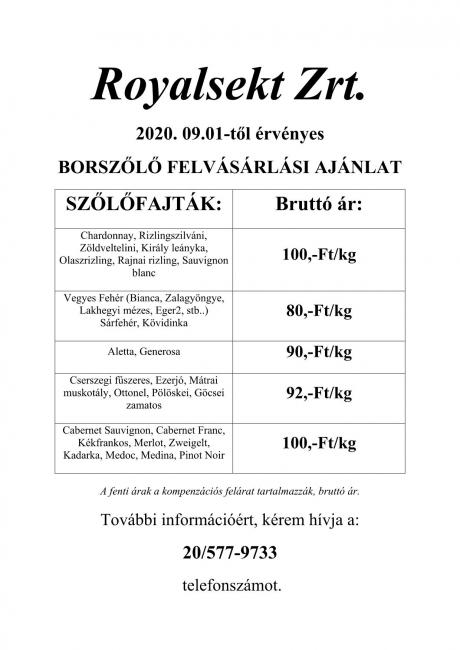 A Royalsekt Zrt. 2020.09.01.-től érvényes felvásárlási árai